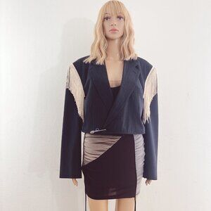 Shop Journal Vintage Navy Pinstripe Fringe Upcycled Blazer Size M/L